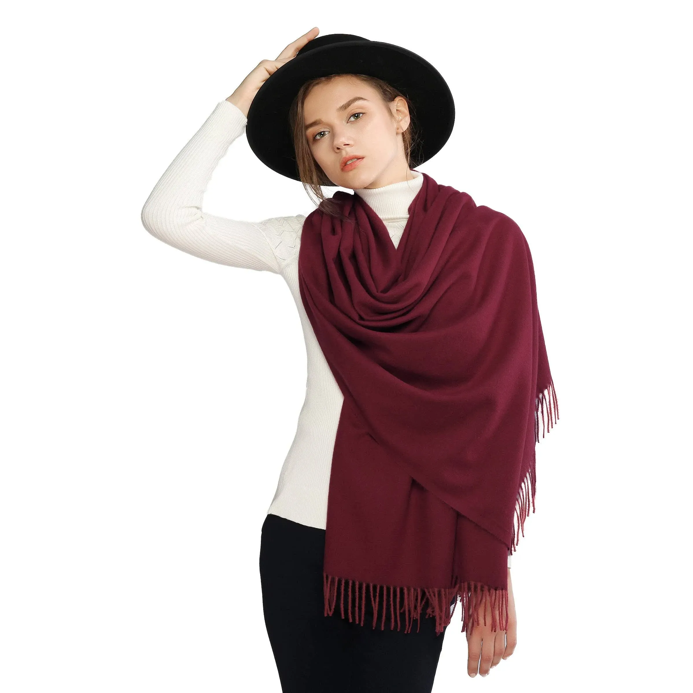 Riiqiichy Winter Cashmere Wool Burgundy Scarf Pashmina Shawl Wrap Stole for Women ...