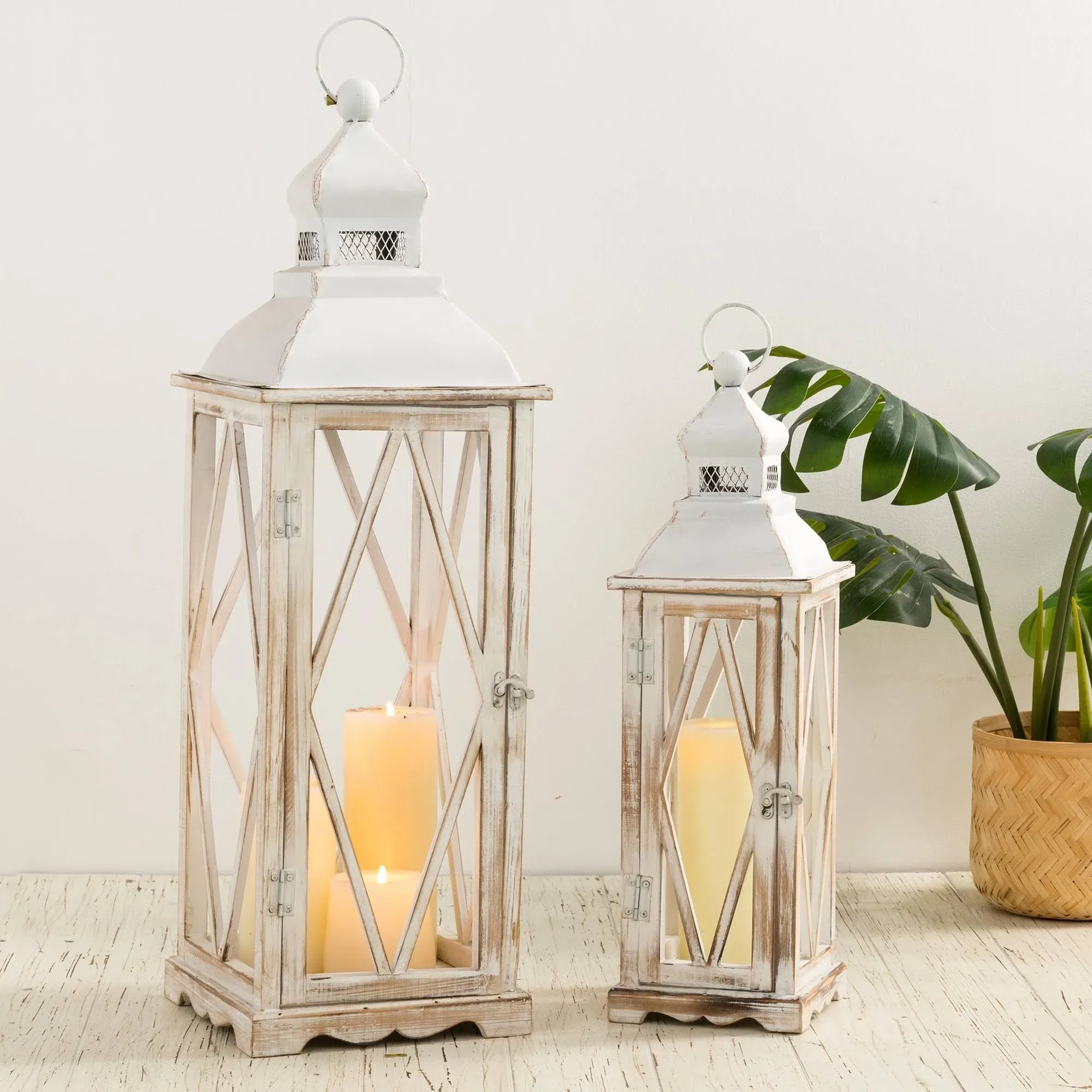 Glitzhome Farmhouse Wood Metal Lanterns Decorative Hanging Candle Lanterns White Set of 2 (No Glass)