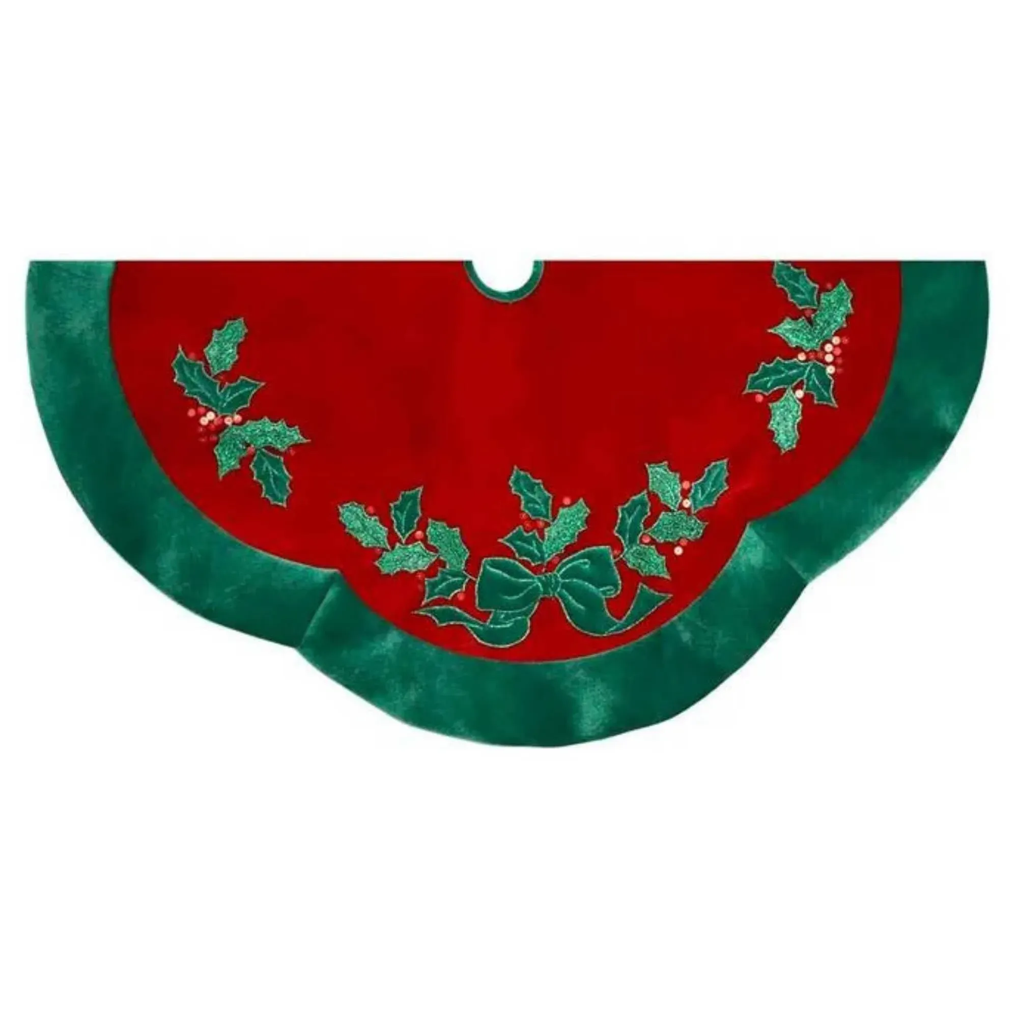 Kurt Adler 48" Red with Green Leaves Applique Velvet Tree Skirt