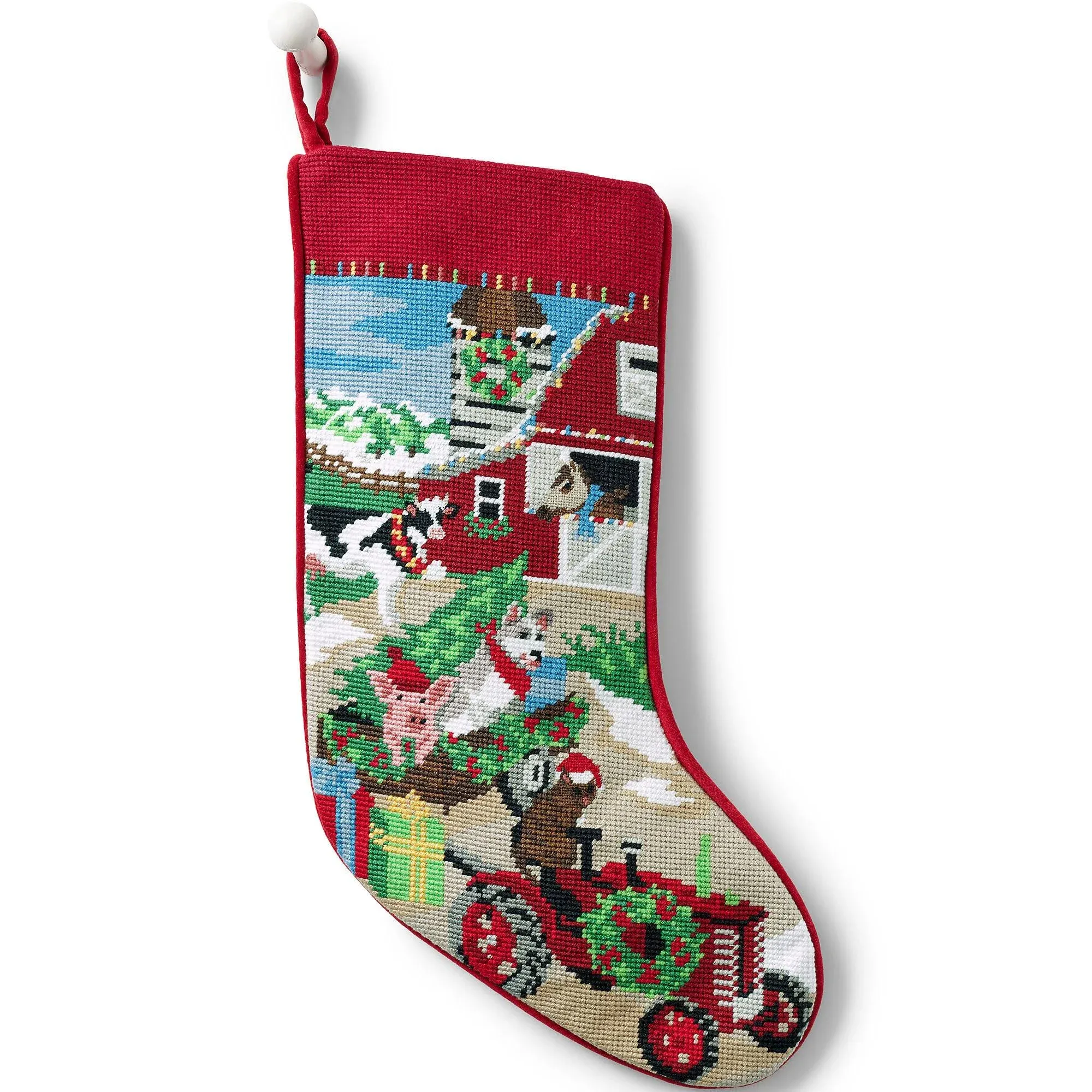 Lands' End Needlepoint Christmas Stocking, Farming Holiday