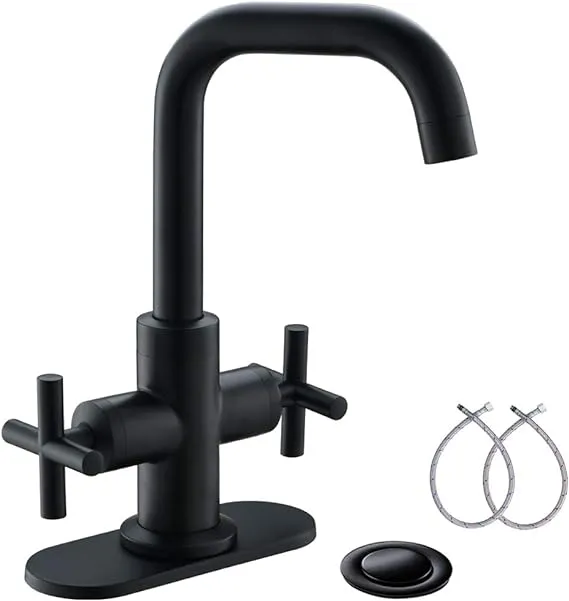 Matte Black 4 Inch 2-Handle Centerset Bathroom Faucet with Drain,Deck Plate and Supply Hoses by Phiestina, Fit for 1-3 Hole, SGF002-10-MB