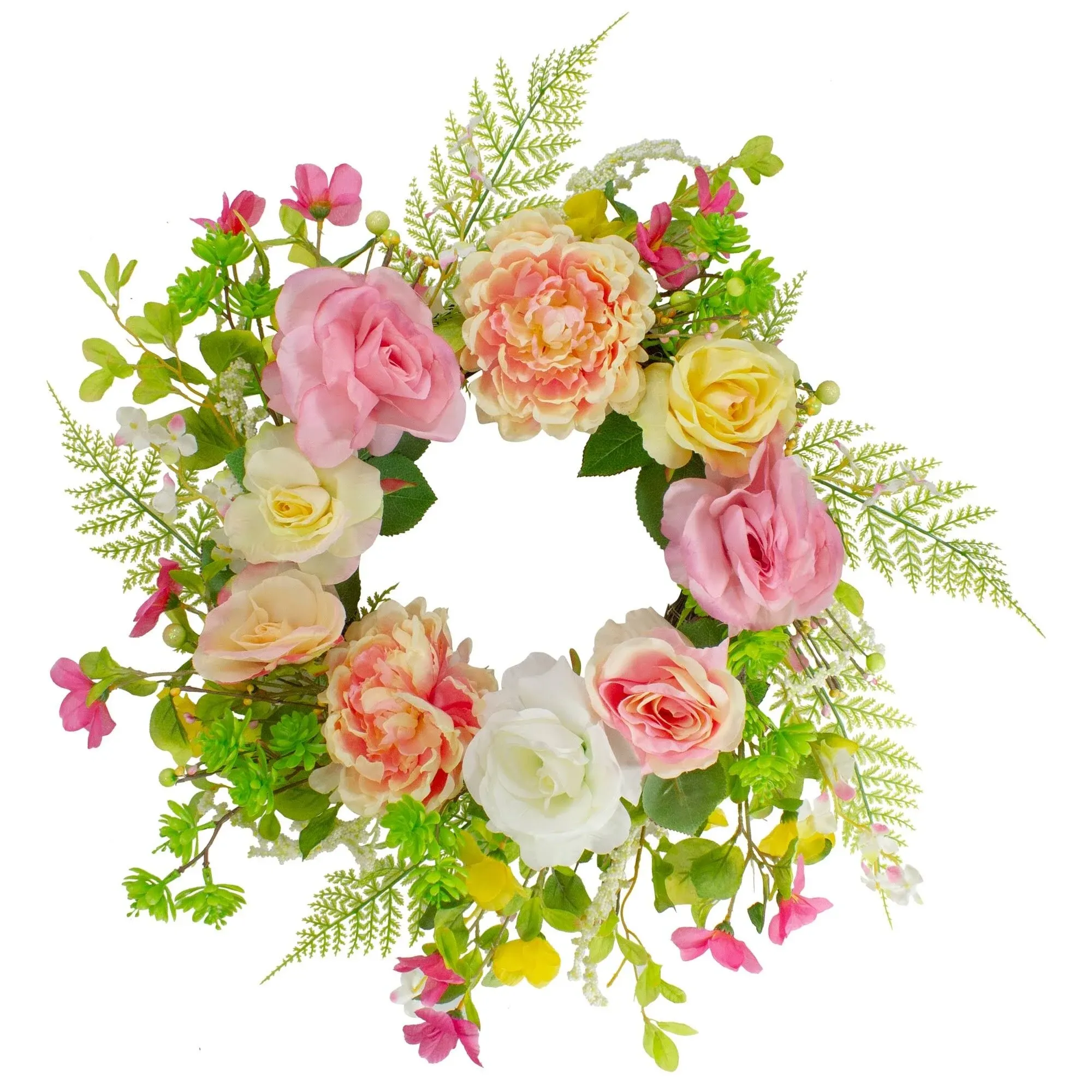 Rose and Peony Artificial Floral Spring Wreath  Pink and Yellow - 22-Inch