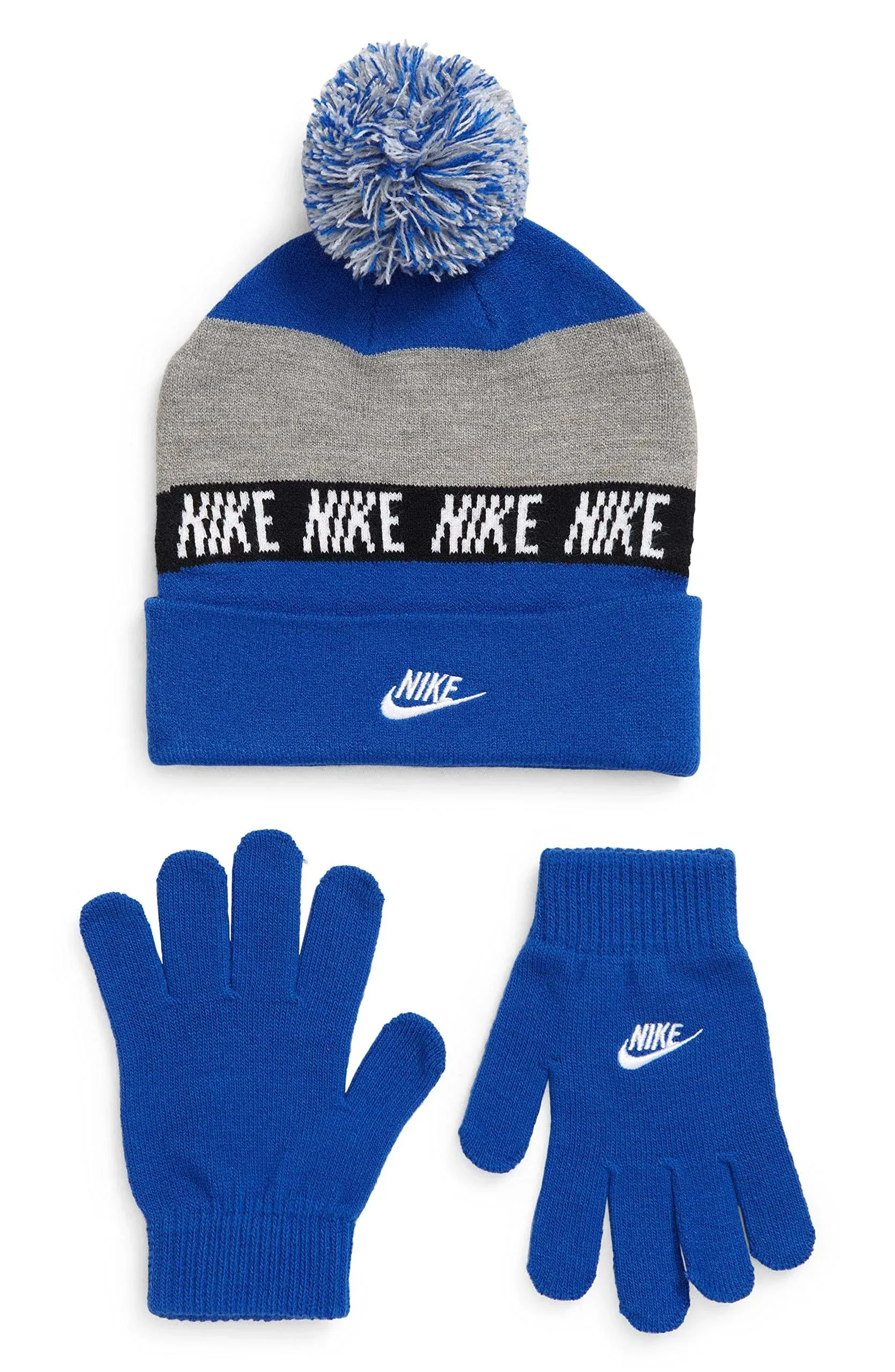 Boy's Nike Swoosh Pom Beanie & Gloves Set - Blue