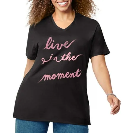 Just My Size Women's Plus Size Graphic Short Sleeve V-neck Tee