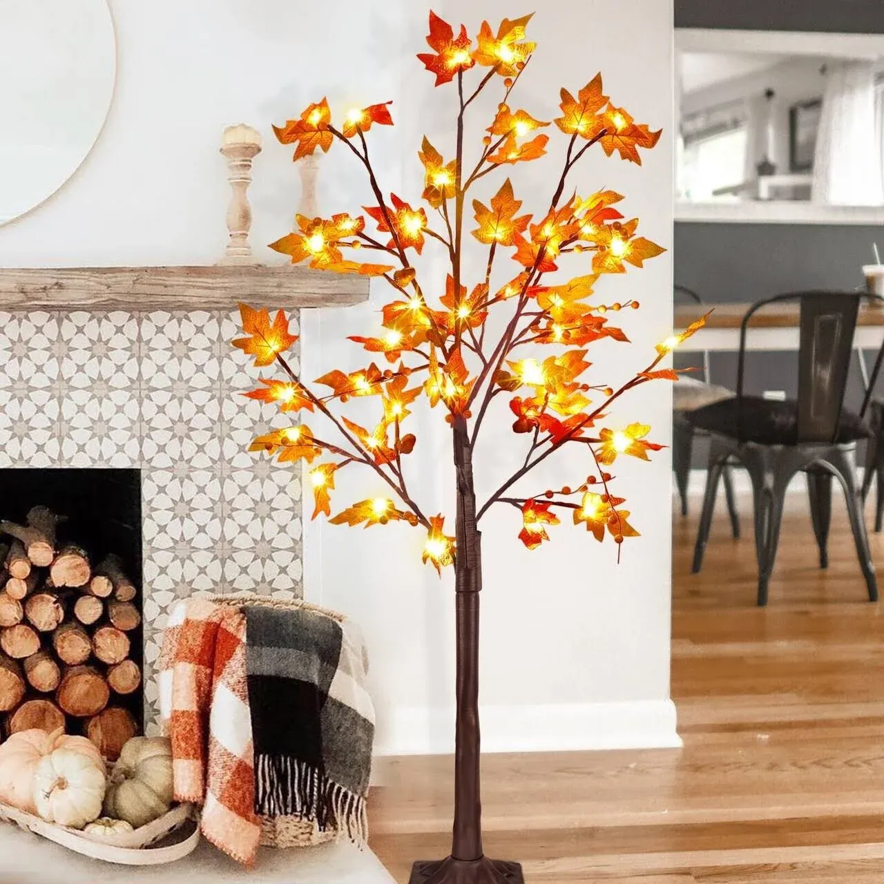 FORUP LED Lighted Maple Tree, 4 FT Lighted Artificial Tree for Thanksgiving Harvest Fall Festival Halloween Home Party Decoration