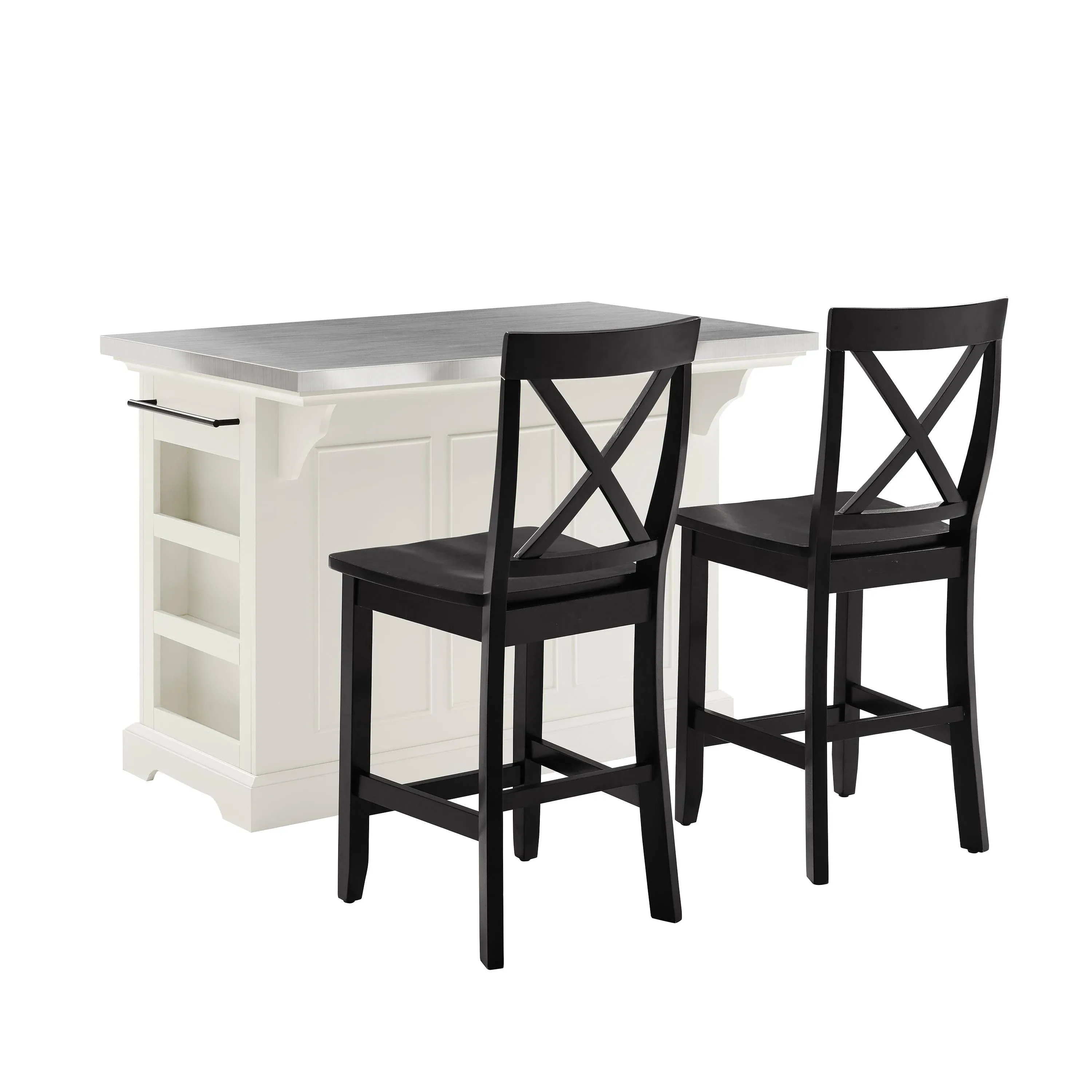 Crosley Furniture Julia Kitchen Island with Stainless Steel Top and X-Back Stools, White/Black