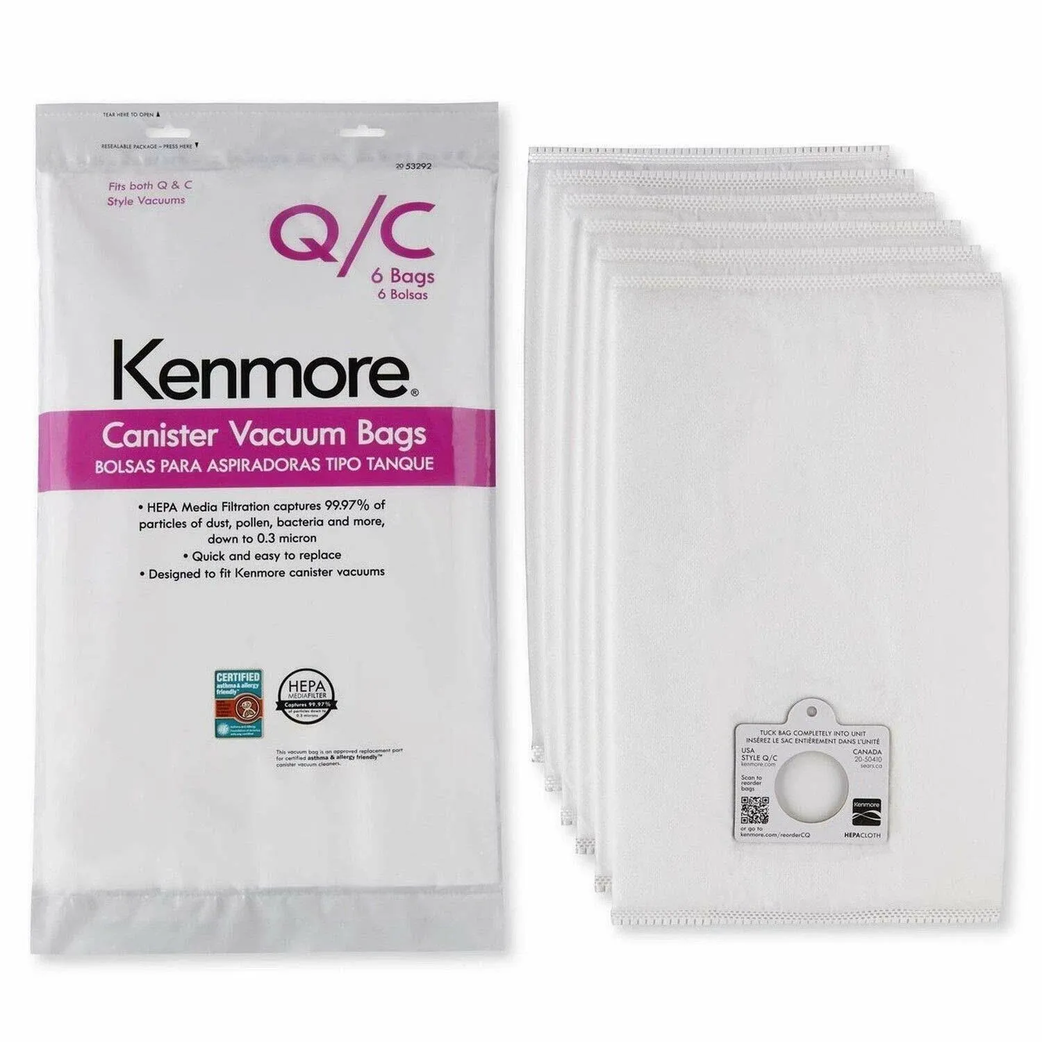 Kenmore Type Q HEPA Canister Vacuum Bags, 6 Pack, White