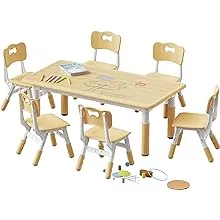 Brelley Kids Table and 6 Chairs Set, Height Adjustable Toddler Table and Chair Set, Graffiti Desktop, Classroom/Daycare/Home, Children Multi-Activity Table for Ages 2-8