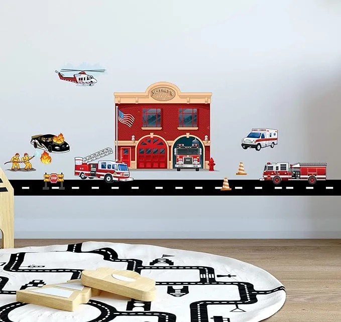 Fire Station Brigade Wall Decals, Fire Truck Vehicles Wall Stickers for Boys Rooms, Kids Room Decor Stickers for Bedrooms & Playrooms