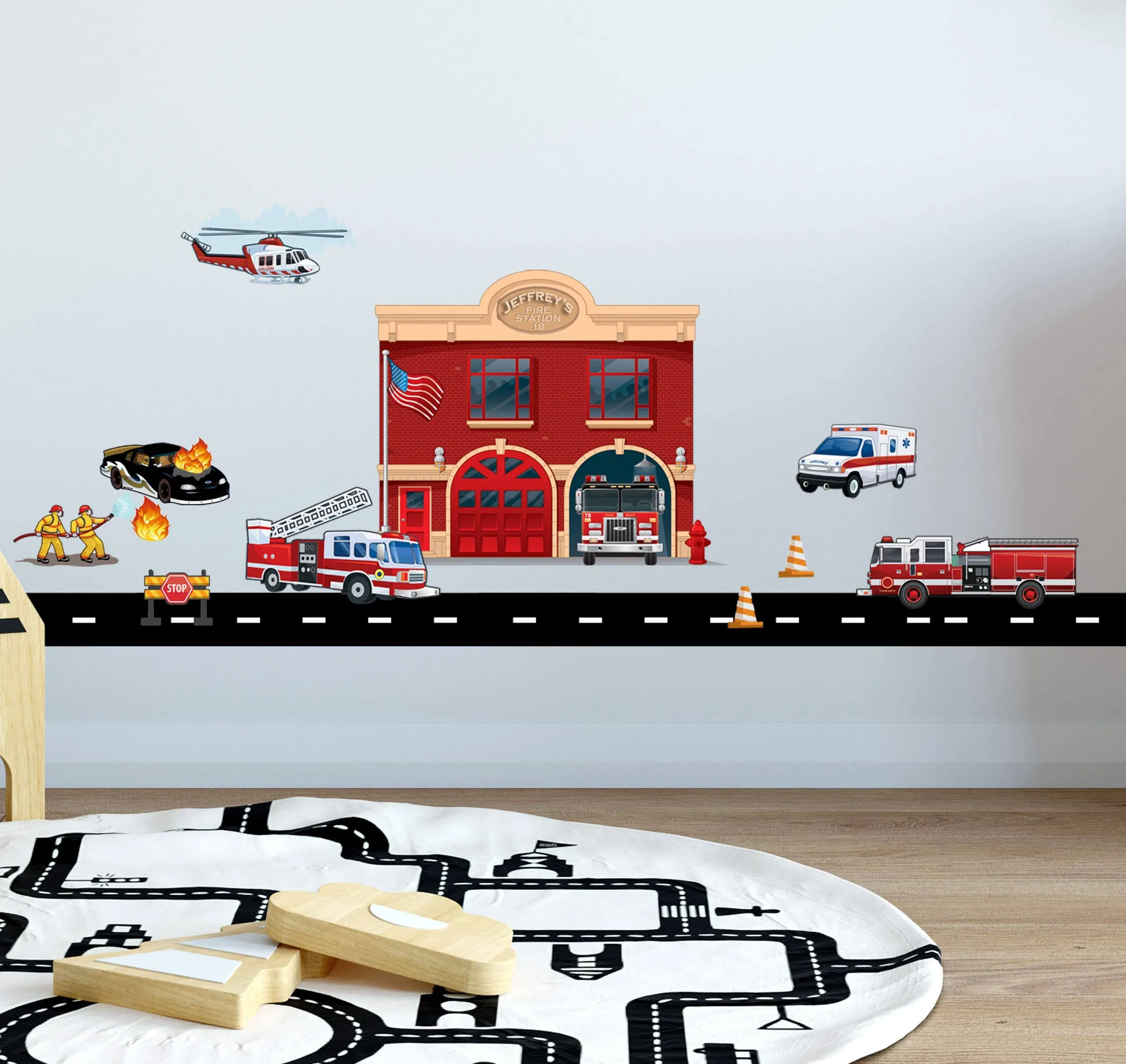 Fire Station Brigade Wall Decals, Fire Truck Vehicles Wall Stickers for Boys Rooms, Kids Room Decor Stickers for Bedrooms & Playrooms