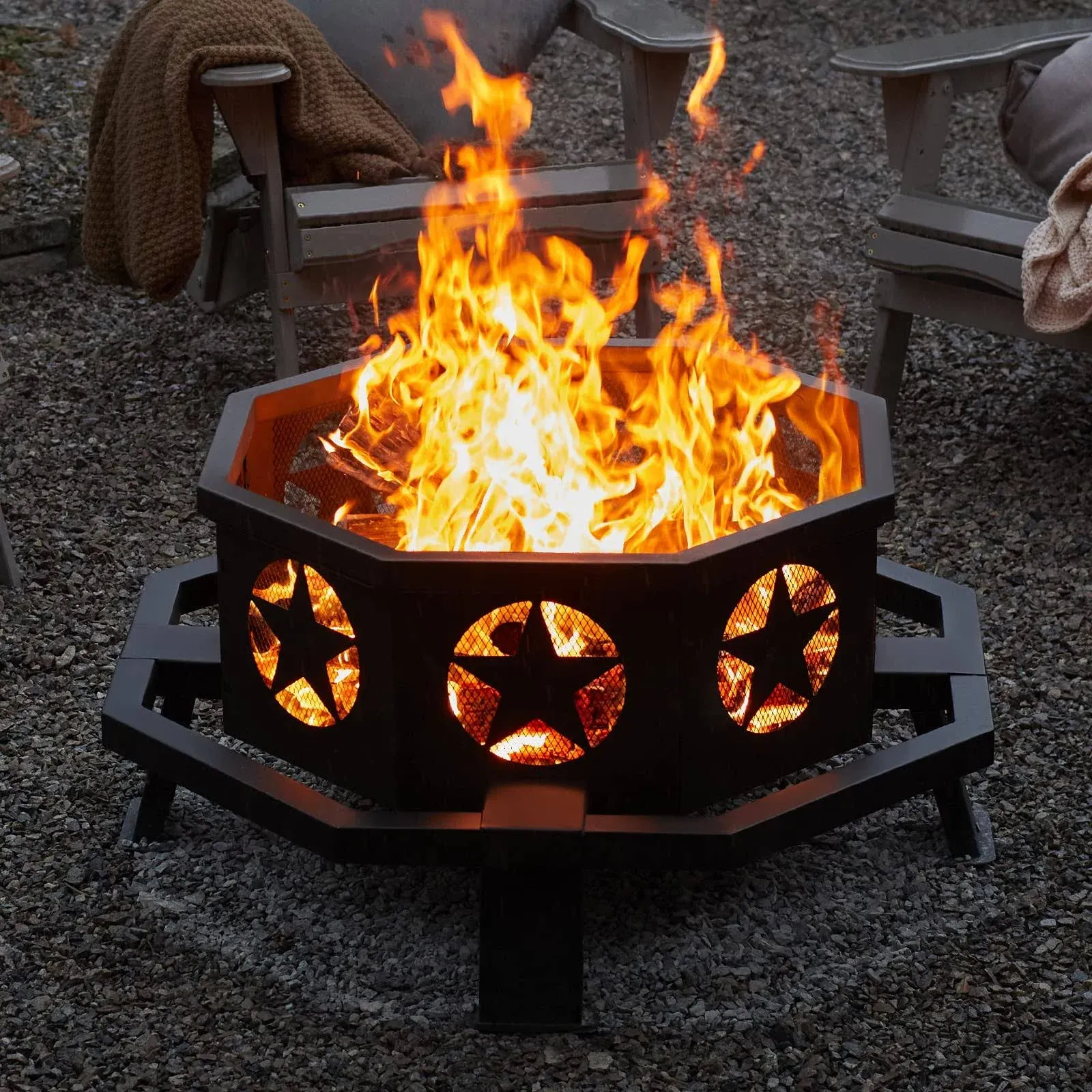 35 Inch Fire Pit, Outdoor Wood Burning Fire Pit Octagonal Heavy Duty Firepit for