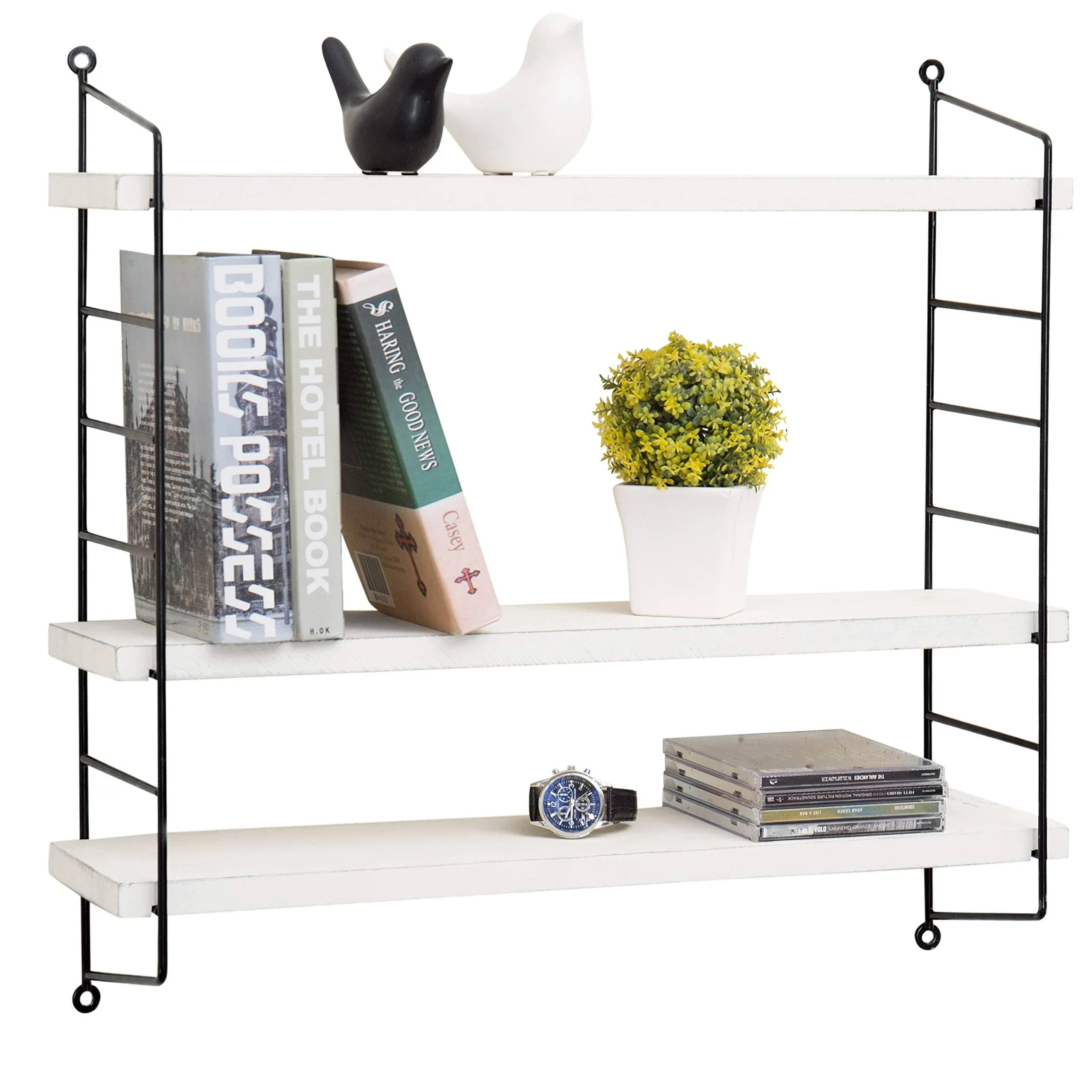 23-Inch Black Metal and Vintage White Wood Adjustable 3-Tier Storage Shelf