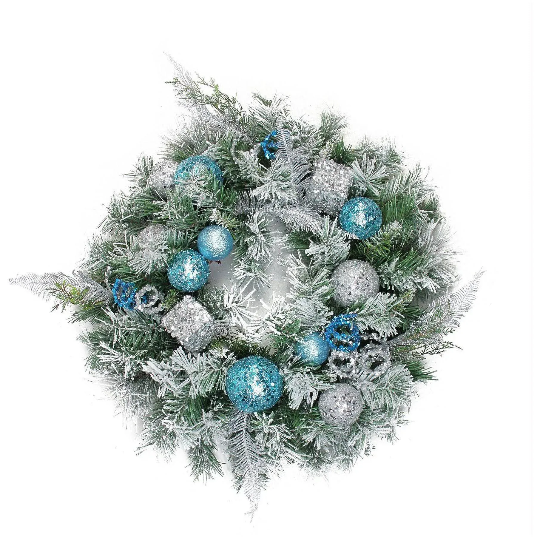 Northlight Flocked Pine with Teal and Silver Ornaments Artificial Christmas Wreath  24-Inch  Unlit