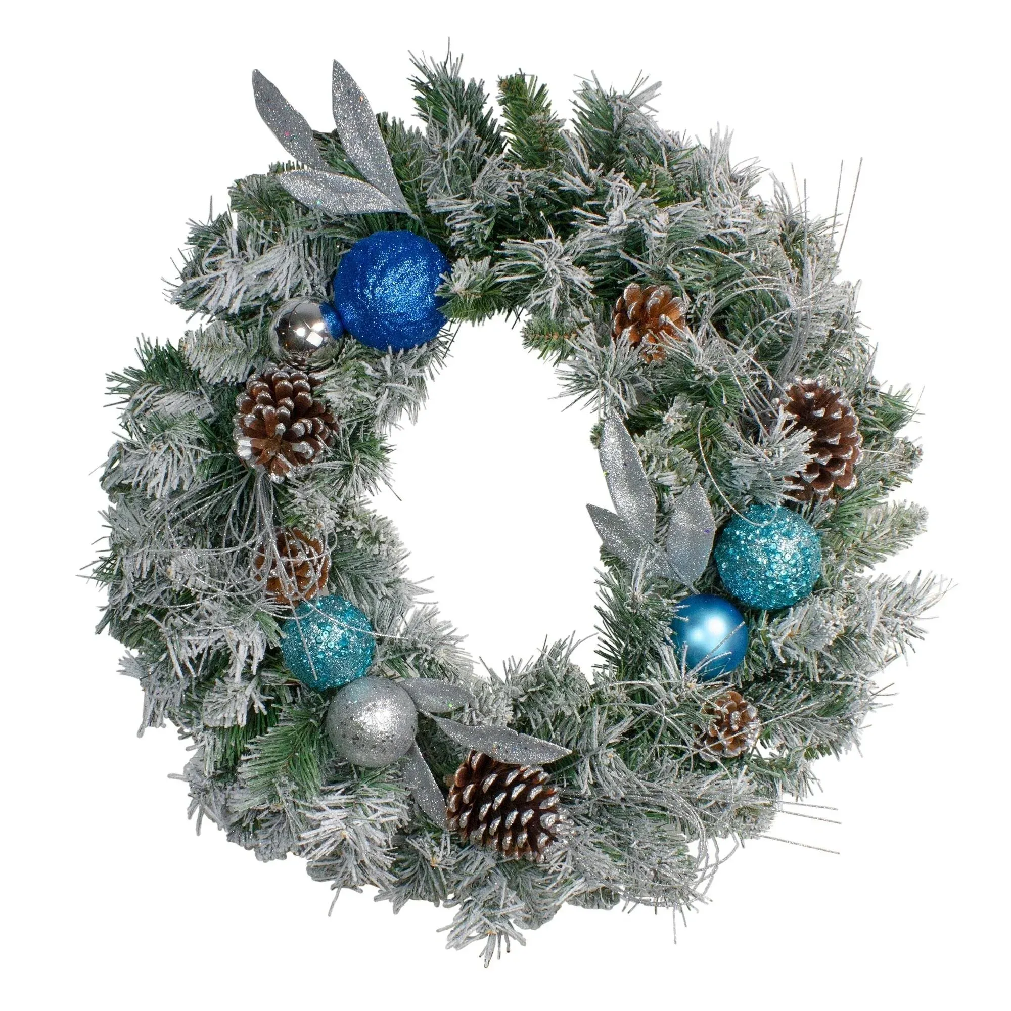 Northlight 24 Unlit Teal/Silver Ornaments Artificial Flocked Pine Christmas Wreath