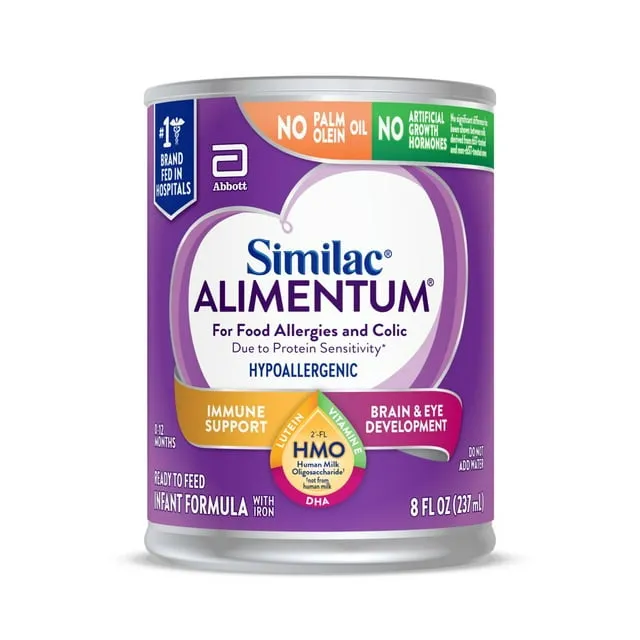 Similac Alimentum with 2’-FL HMO Hypoallergenic Infant Formula, for Food Allergies and Colic,* Suitable for Lactose Sensitivity, Ready-to-Feed Baby Formula, 8-fl-oz can, Pack of 24