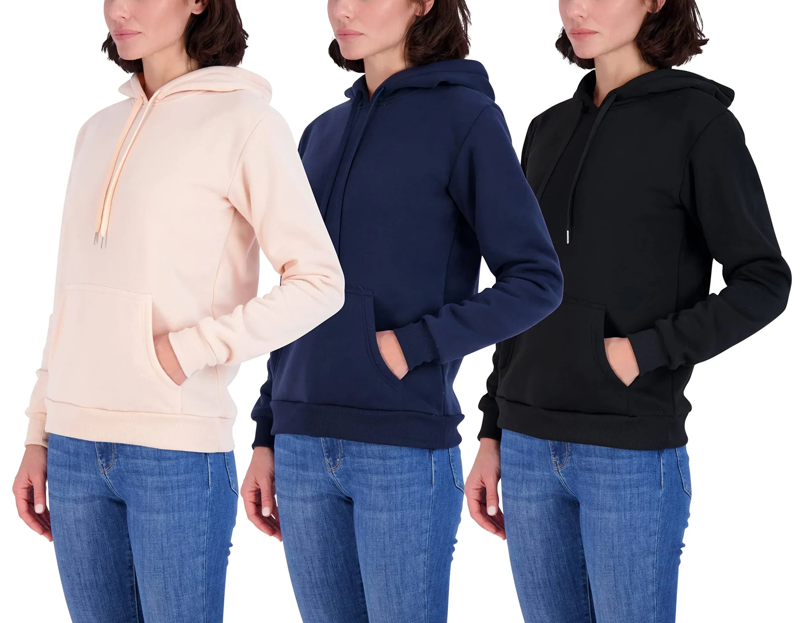 Real Essentials 3 Pack: Women's Fleece Long-Sleeve Pullover Hoodie Active Sweatshirt Kangaroo Pocket - (Available In Plus)