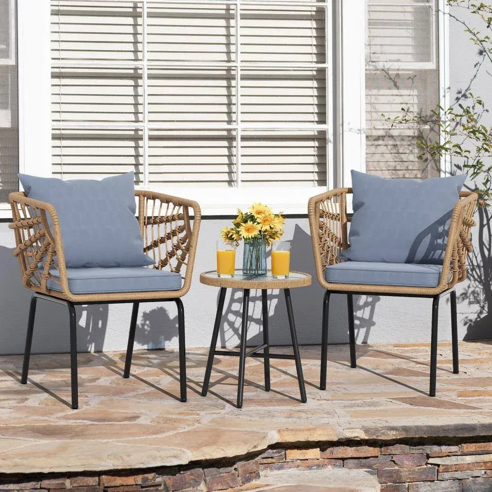 DEXTRUS 3-Piece Yellow Wicker Outdoor Bistro Set with Glass Top Coffee Table and Grey Cushions FTPLPBHD-014LFT