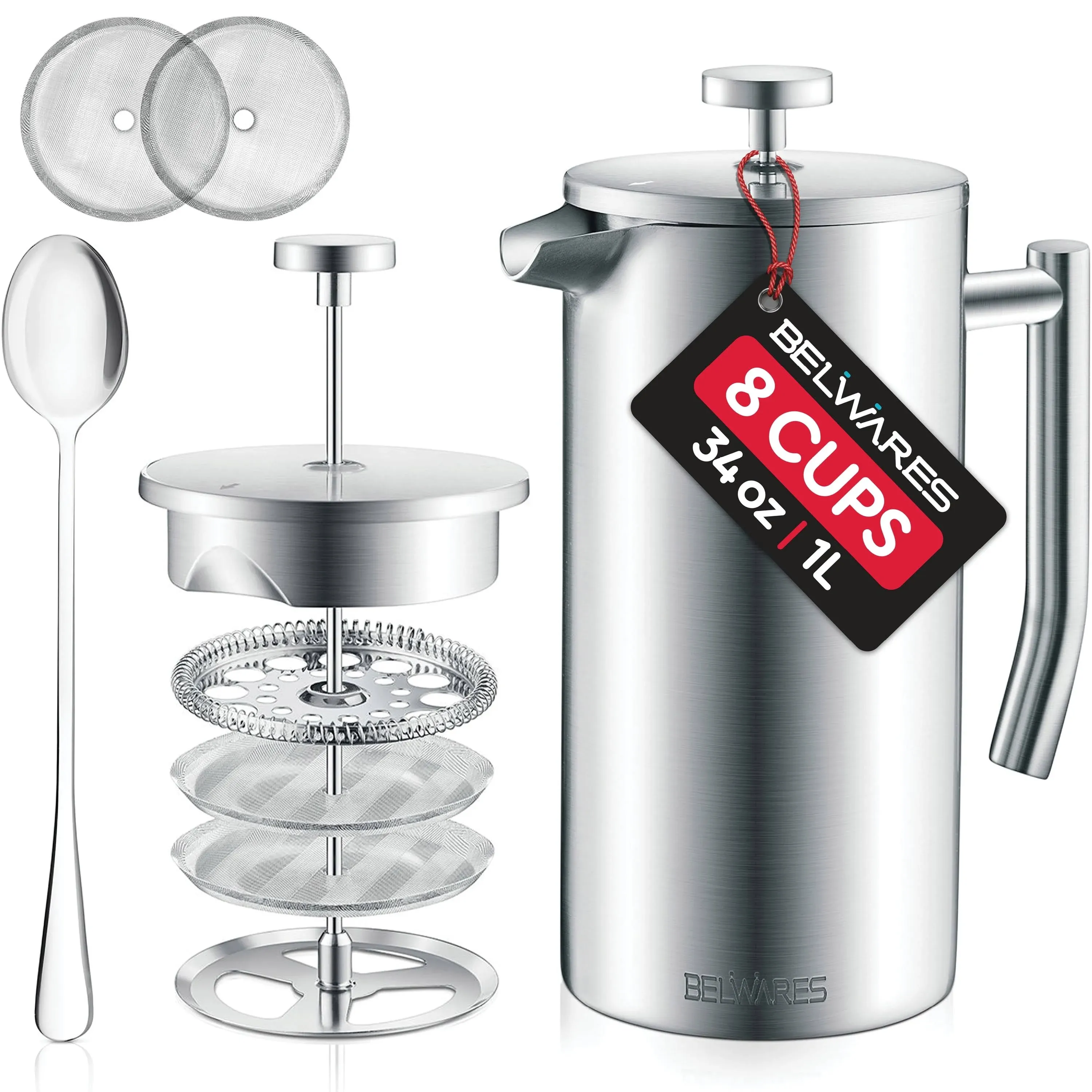 Belwares Stainless Steel French Coffee Press, with Double Wall and Extra Filters ...