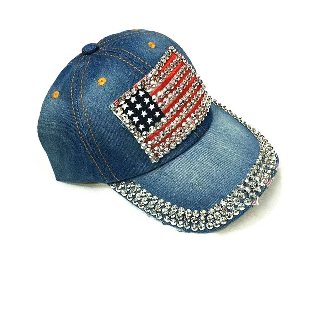 Women American Flag Rhinestone Jeans Denim Baseball Adjustable Hat Blue