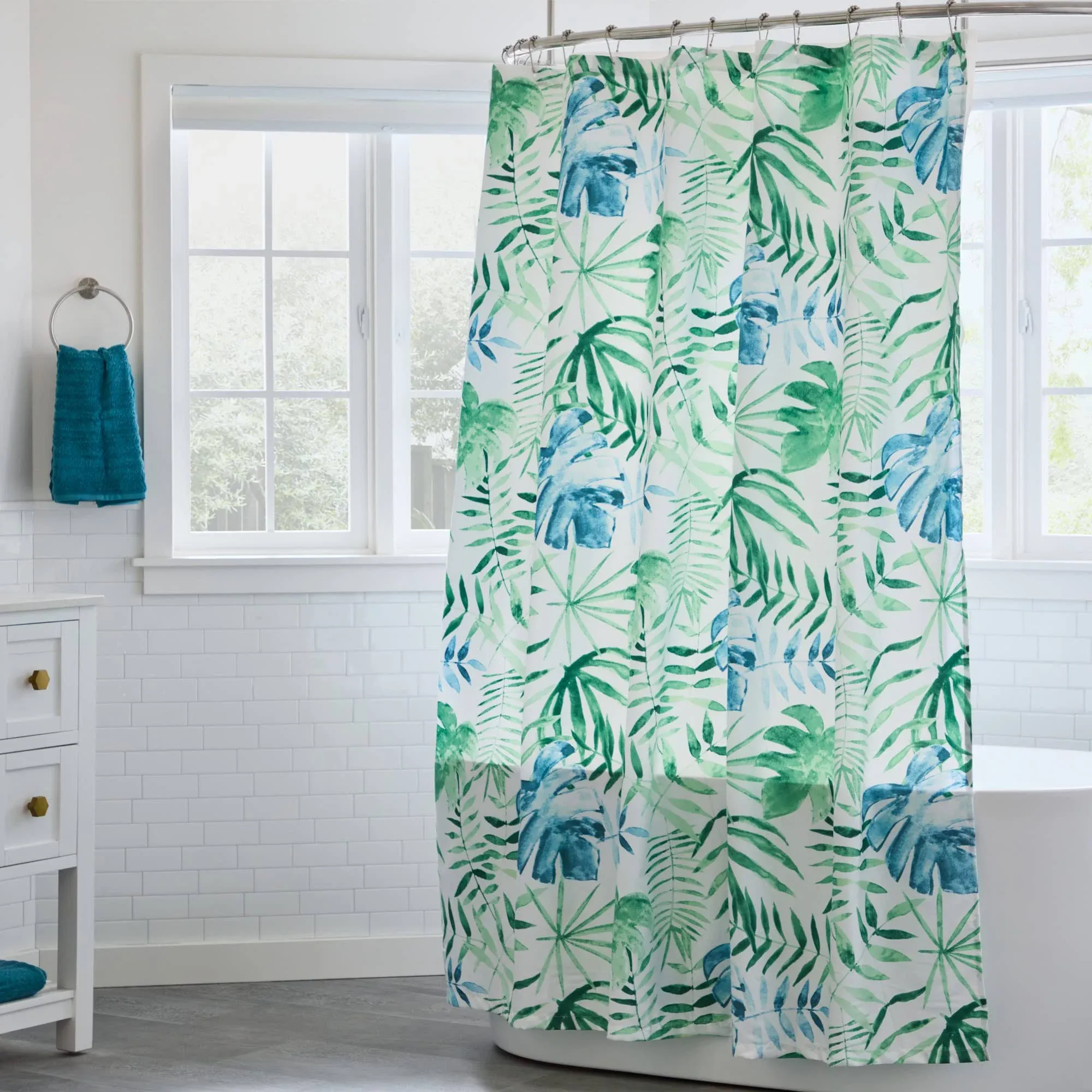 Linenspa Shower Curtain Green Leaf Shower Curtain Water Resistant, Machine Washable, Polyester Shower Curtain