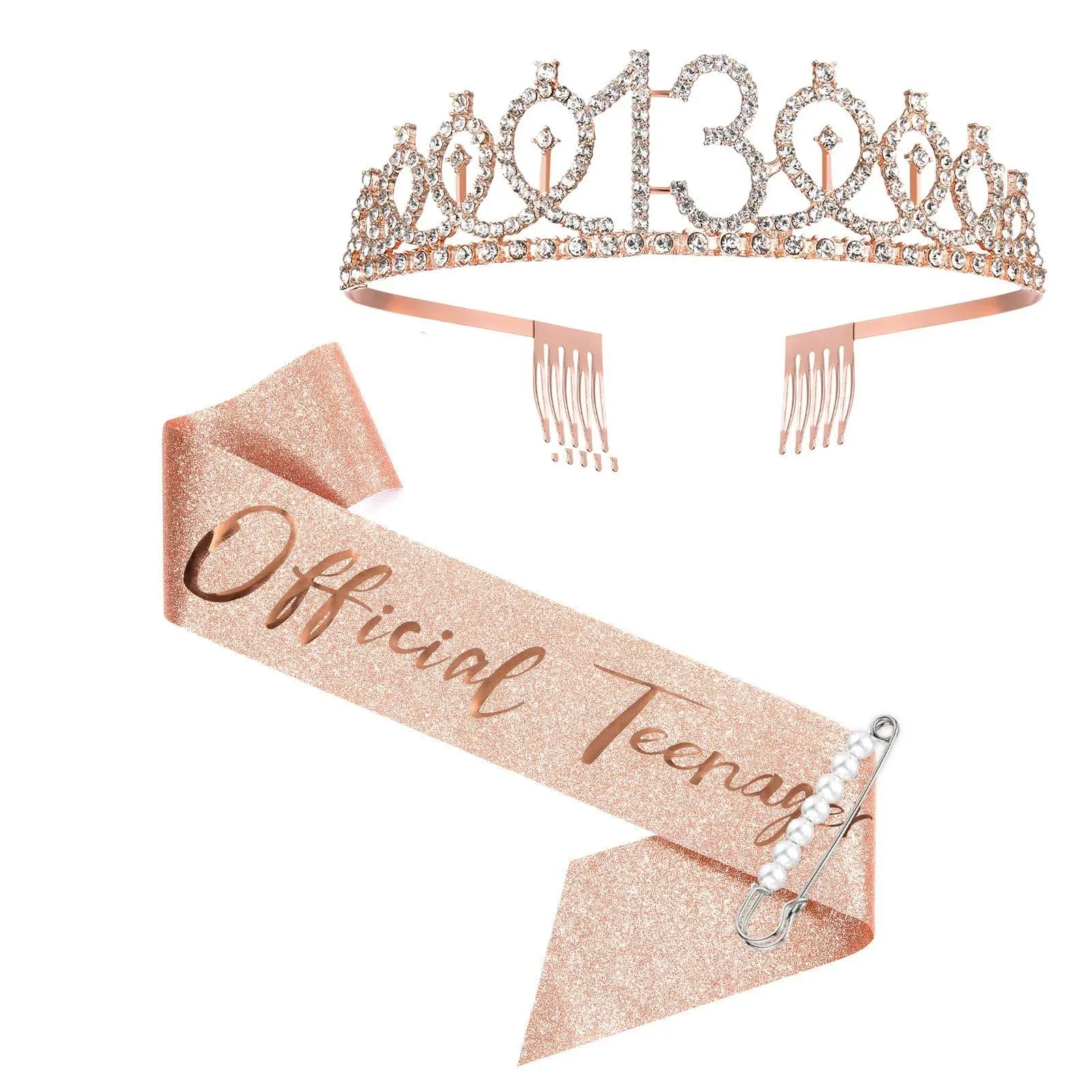 Brt Bearingshui 13th Birthday Sash and Crown for Girls, Rose Gold Official Teenager Sash and Tiara for Girls, 13th Birthday Gifts for Happy 13th Birthday Party