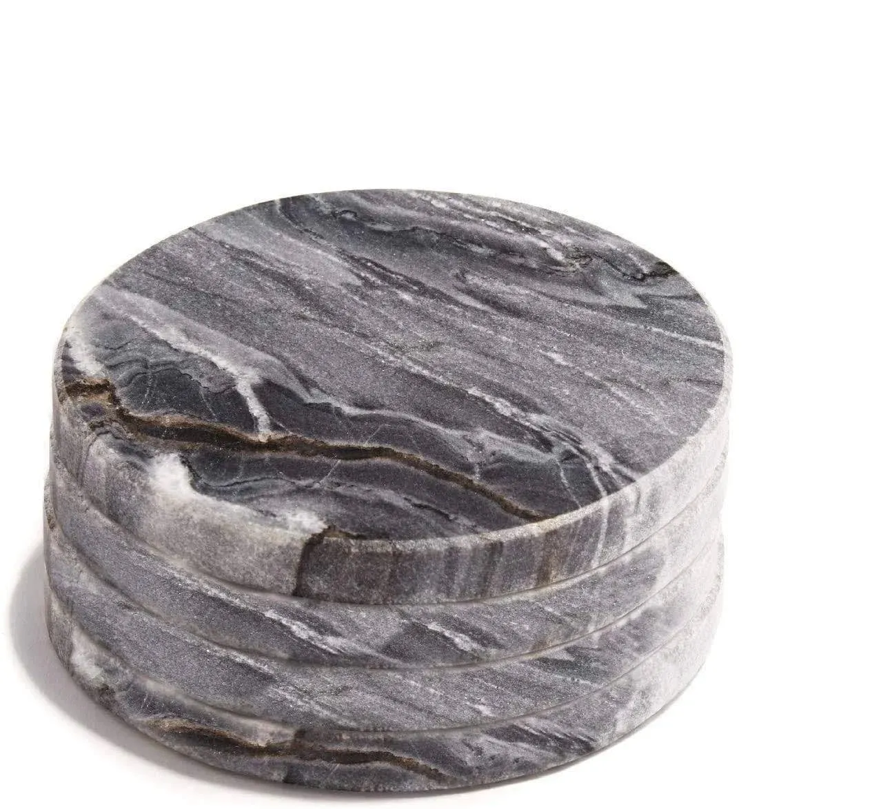 LampLust Real Marble Coasters for Drinks - Set of 4 Round Dark Grey Marble Coasters 4 Inch Diameter Natural Stone Mid Century Modern Coffee Table Decor