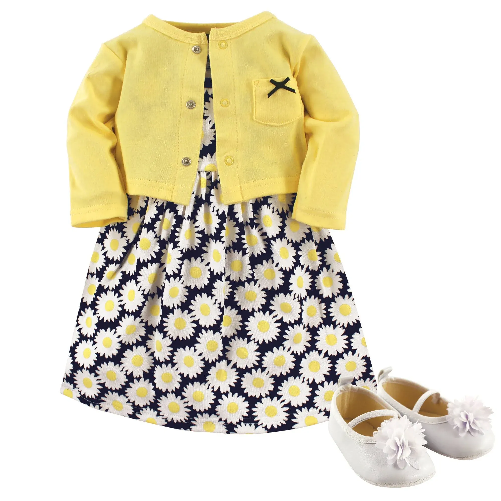 Hudson Baby Baby Girl Cotton Dress, Cardigan and Shoe 3pc Set