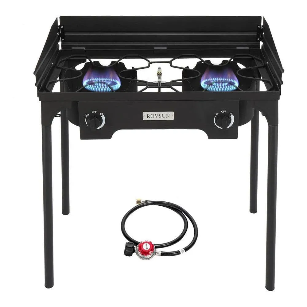 ROVSUN 2 Burner Outdoor Propane Gas Stove 150,000 BTU High Pressure Stand Cooker for Backyard Cooking Camping Home Brewing Canning Turkey Frying, 20 PSI Regulator