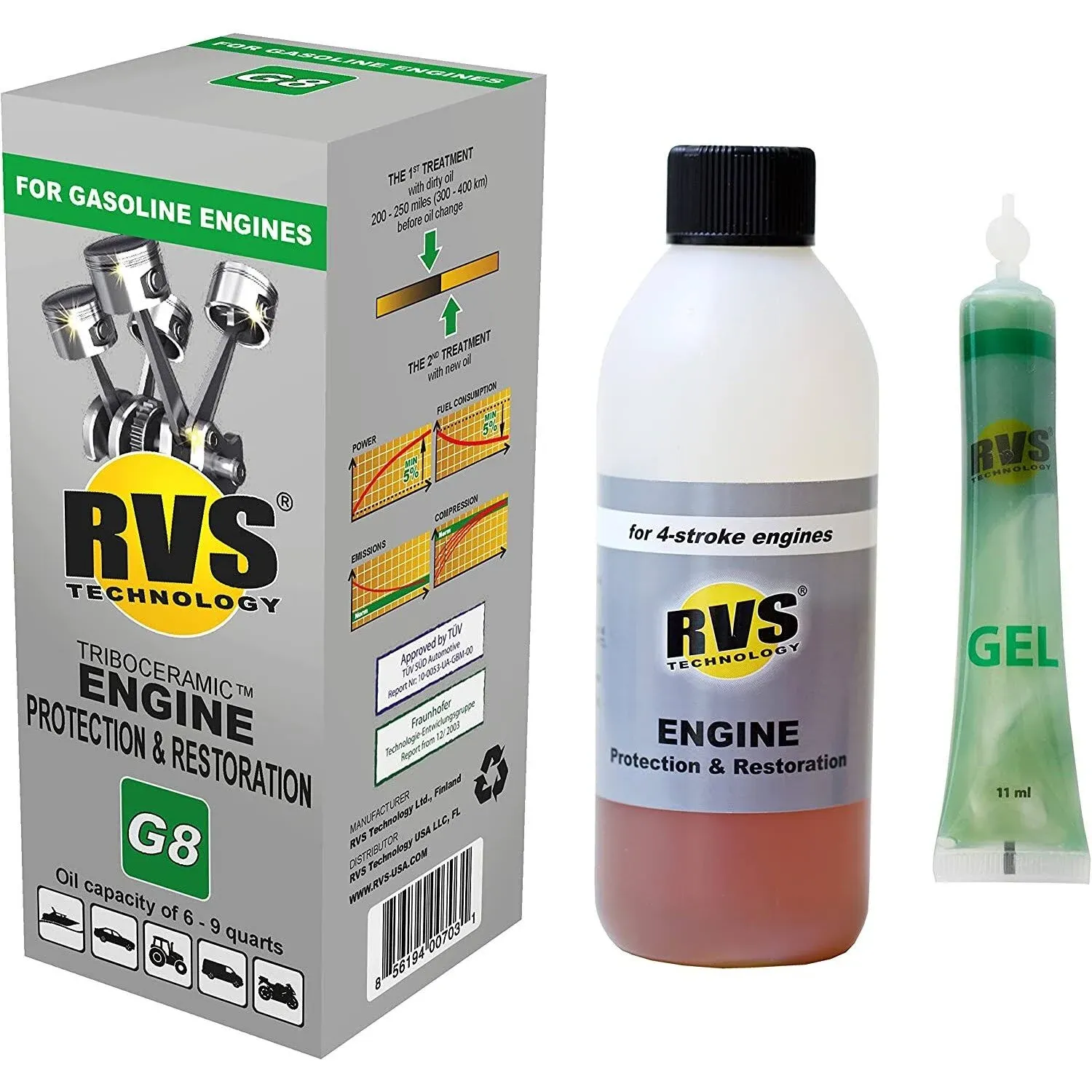 RVS Technology G8 Engine Treatment. for Gasoline Engines with an Oil Capacity up to 9 quarts. Restore and Protect Your Engine, Save Fuel, Increase Power. Safe for All Engines.