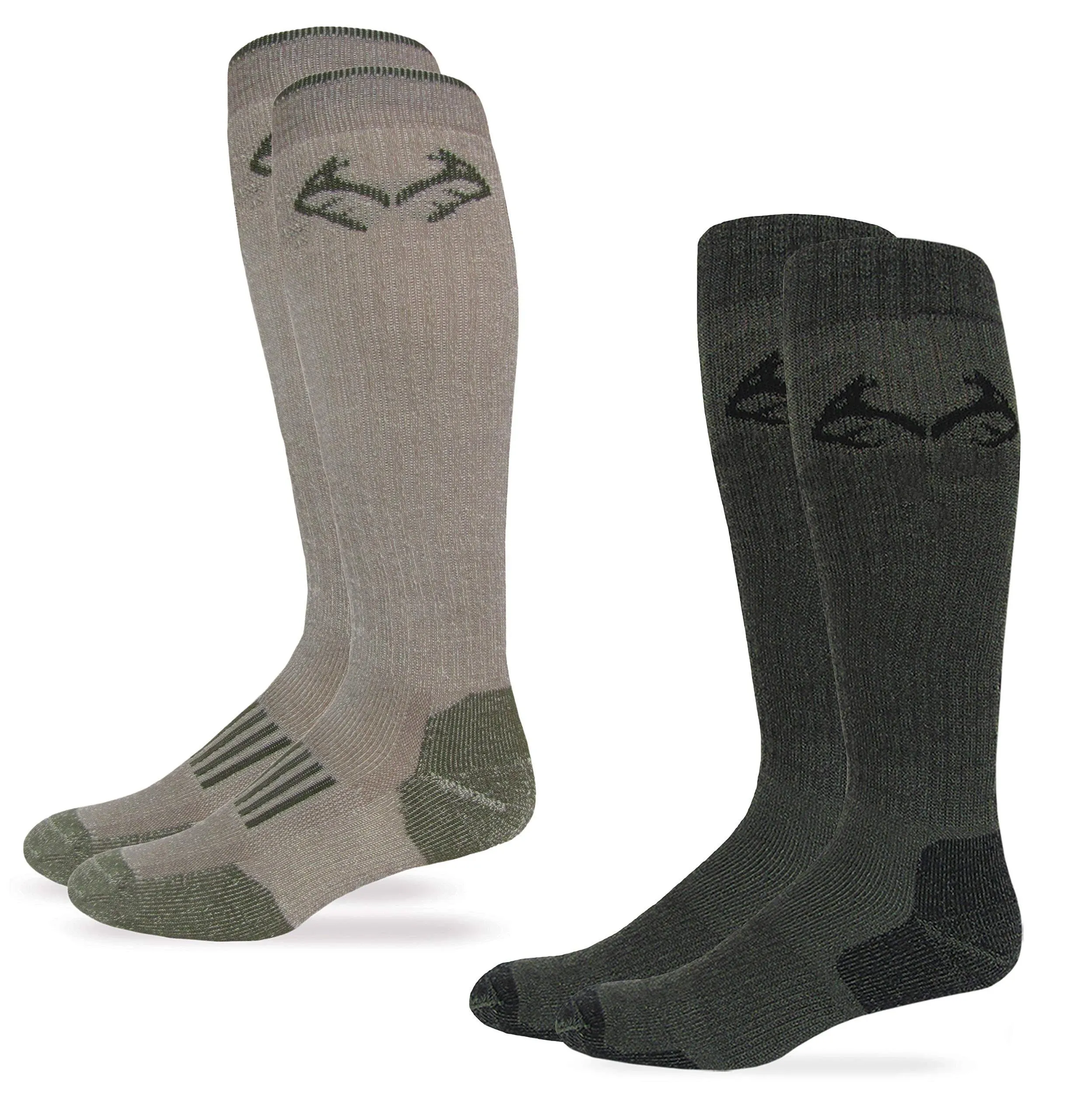 Realtree Mens Socks, Camo Merino Wool Outdoor Cushion Boot Mid Calf Socks, 2 Pair