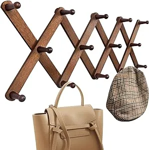 OROPY Wood Accordion Wall Hanger, Expandable Coat Rack Wall Mount with 14 Pegs, Expanding Hat Rack for Wall, X Shape, 27"×10", Walnut Color