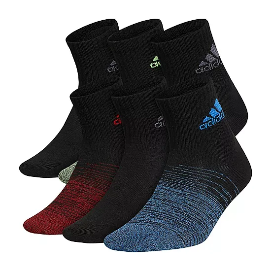 Adidas Youth Cushioned 6-Pack Quarter Socks, Size 5-7, Black