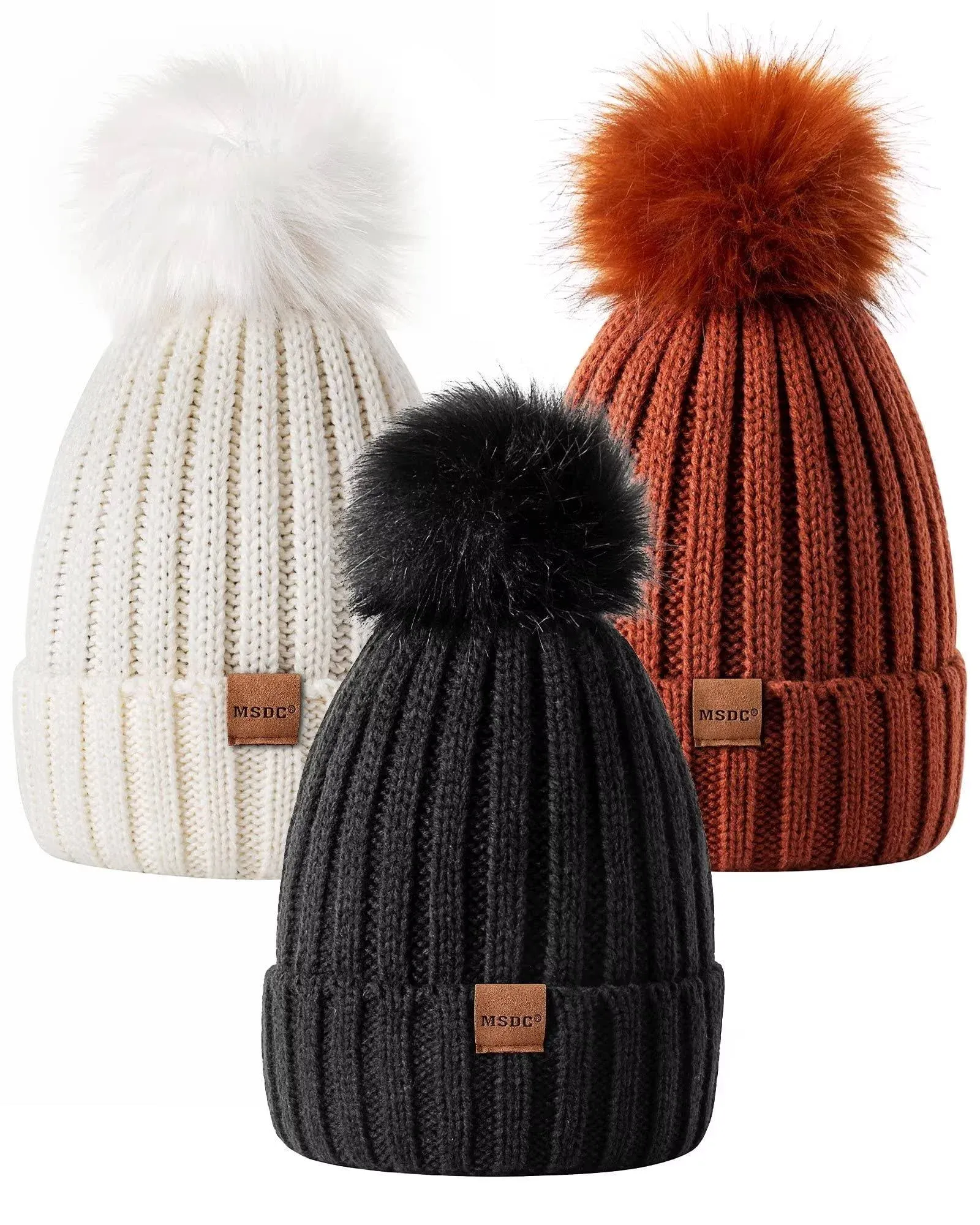 MSDC Beanie for Women with Pom Pom 3 Pack, Winter Hats for Women Fashion Knit Wa