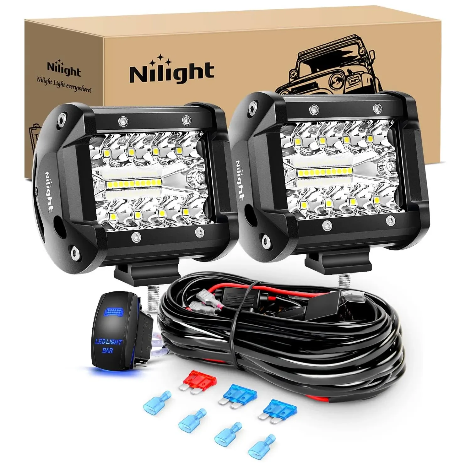 Nilight LED Pods 2pcs 4inch 60W Off Road Fog Lights Driving Roof Work Light with ...