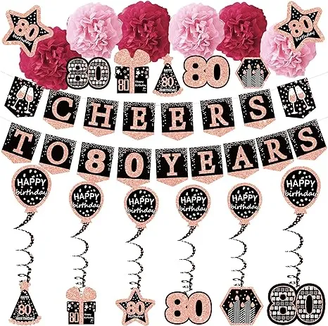 80th birthday decorations for women - (21pack) cheers to 80 years rose gold glitter banner for women, 6 paper Poms, 6 Hanging Swirl, 7 decorations stickers. 80 Years Old Party Supplies gifts for women