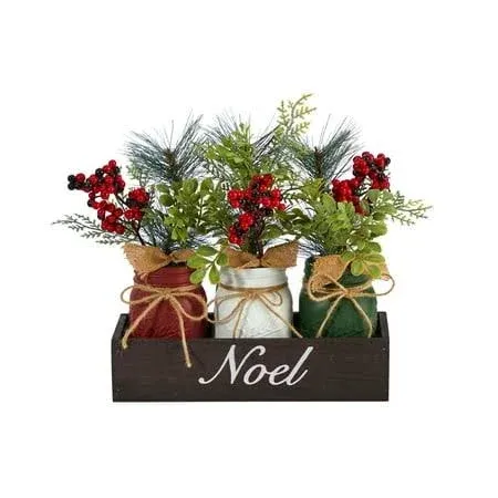 Nearly Natural 12in. Holiday Winter Pine and Berries Three Piece Mason Jar Noel ...