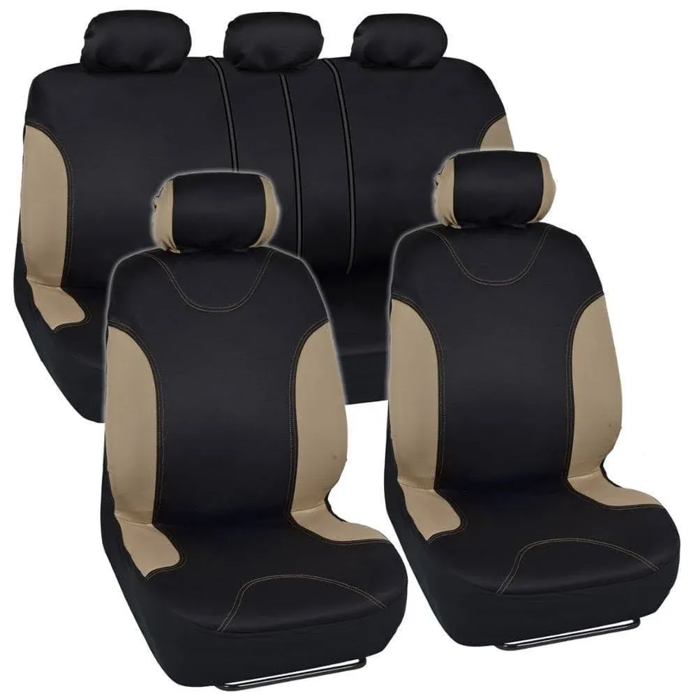 BDK OS-309-AB Tan Trim Black Car Seat Covers Full 9 Piece Set, Sleek & Stylish, Split Option Bench 5 Headrests Front & Rear Bench, Beige