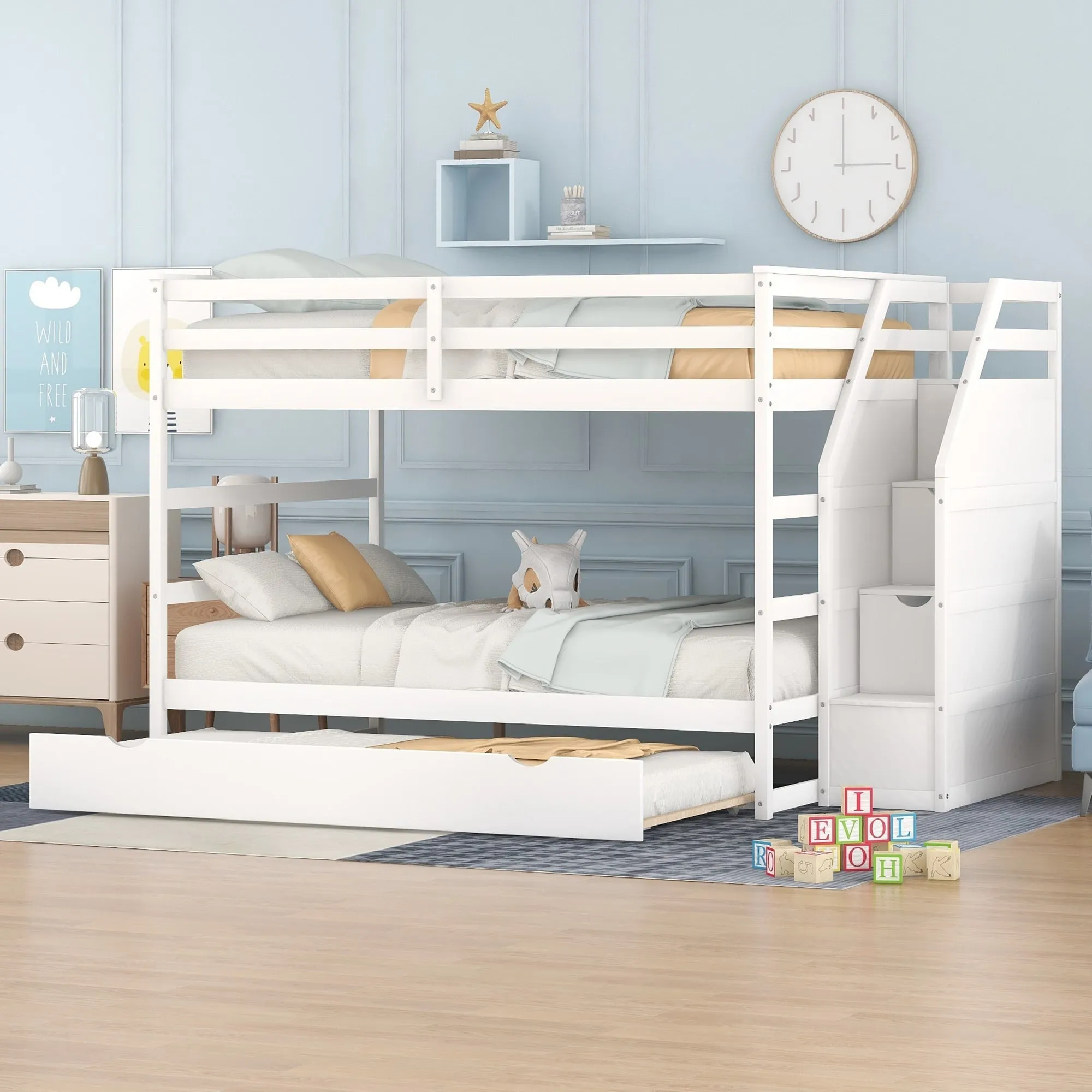 Solid Wood Full-Over-Full Bunk Bed with Twin Trundle and 3-Step Storage Stairs, Space-Saving Design for Kids Teens Adults, White