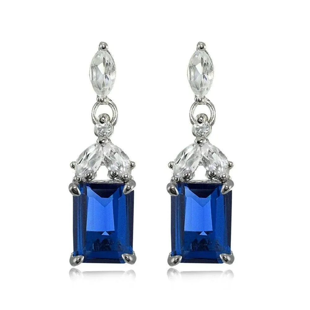 Sterling Silver Created Blue Sapphire And White Topaz Emerald-Cut Dangle Earrings