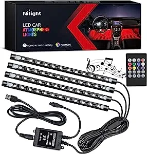 Nilight 48 LEDs DC 5V Multicolor Music Car Strip Light Under Dash Lighting Kit with Sound Active Function and Wireless Remote Control, 2 Years Warranty, 4PCS USB Interior Lights