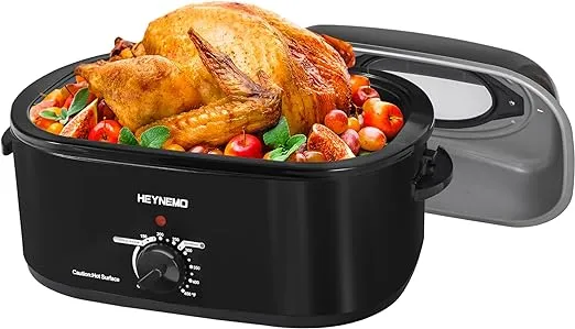 26 Quart Electric Roaster Oven with Visible & Self-Basting Lid, Large Turkey Roaster with Defrost Warm Function, Adjustable Temperature, Removable Pan Rack, Stainless Steel, Black