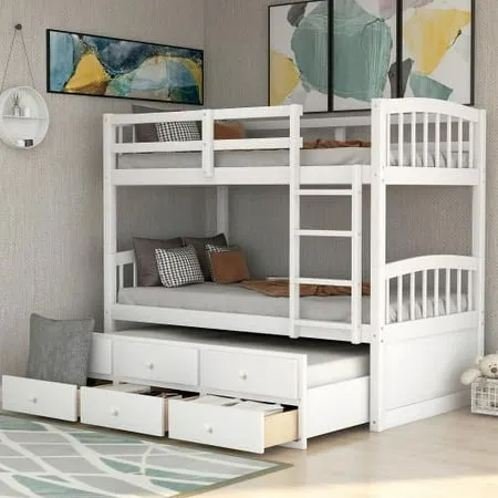 JINS&VICO Twin-Over-Twin Bunk Bed with Safety Rail Ladder Twin Trundle Bed Frame with 3 Drawers for Kids Teens Bedroom Guest Room Furniture Cream White