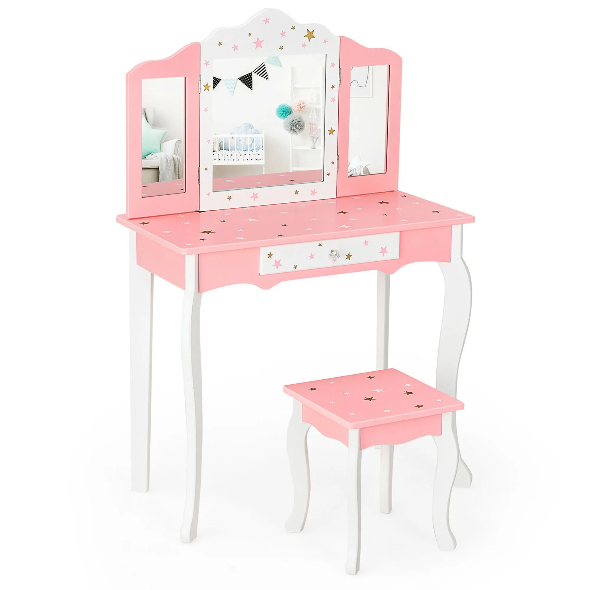 Costway Kids Princess Vanity Table and Stool Set