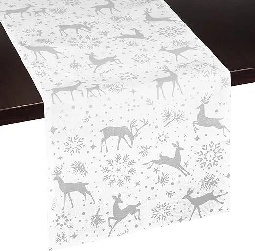 Reindeer Snowflake Print Table Runner | Silver, White