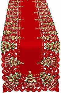 Grelucgo Embroidered Christmas Holiday Holly Tree Table Runner Dresser Scarf ...