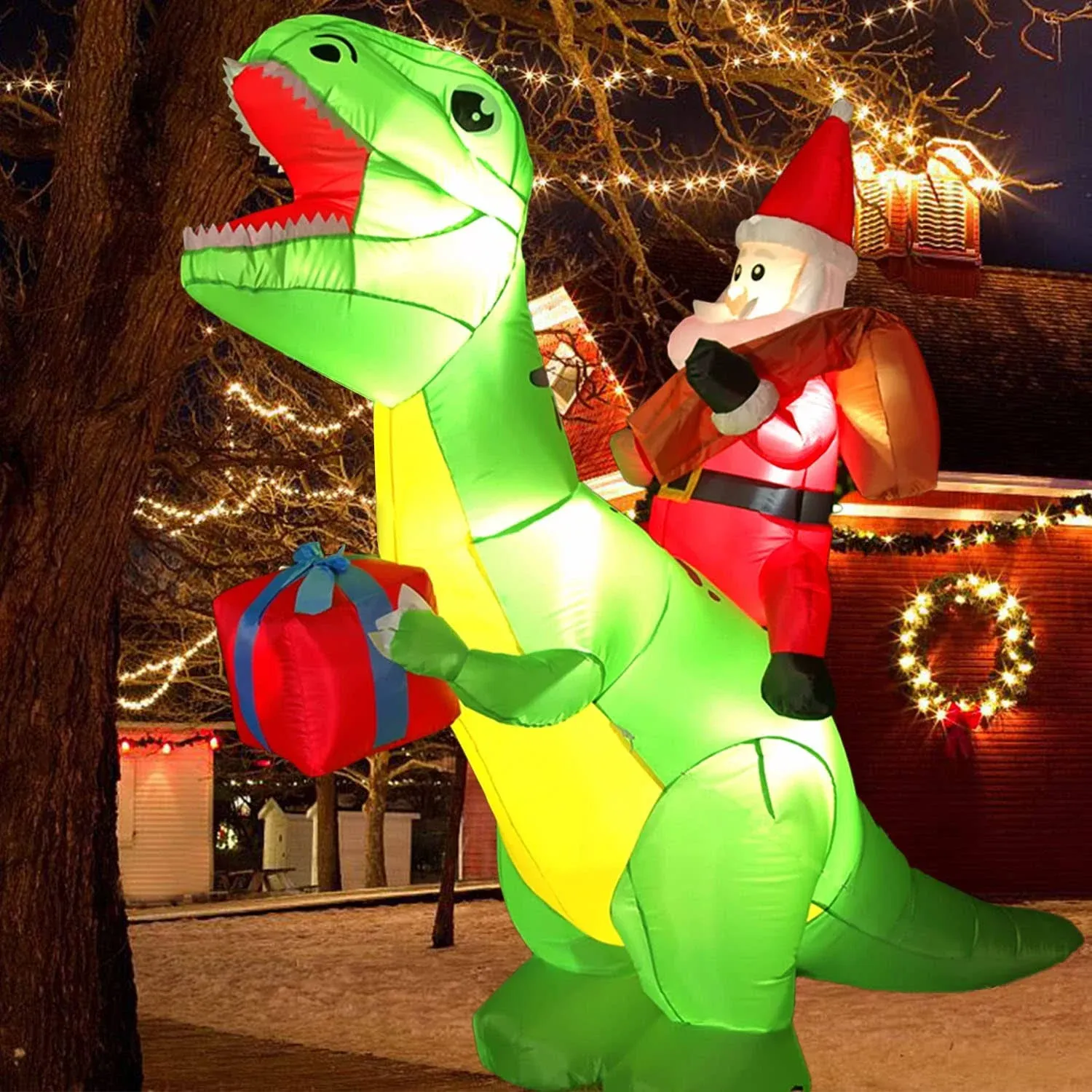 Boowoo 6 ft Christmas Dinosaur Inflatable Decoration, Inflatable Santa Ride on ...