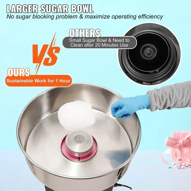 VEVOR Electric Cotton Candy Machine 1000W Commercial Floss Maker w/Stainless Steel Bowl, Sugar Scoop and Drawer, Perfect for Home, Carnival, Kids Birthday, Family Party, Without Cover, Pink