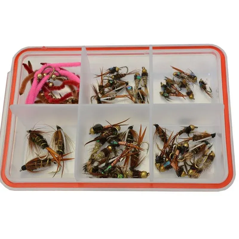 57 ct Nymph Fly Assortment w/ Case - Prince, Copper, Hares, Pheasant, San Juan