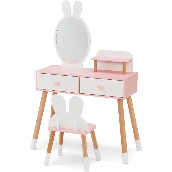 2 in 1 Wooden Princess Kids Vanity Set with Mirror