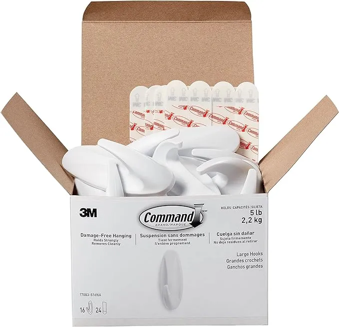 Command - Designer Hooks, Plastic, White, 5 lb Cap, 16 Hooks and 24 Strips/Pack